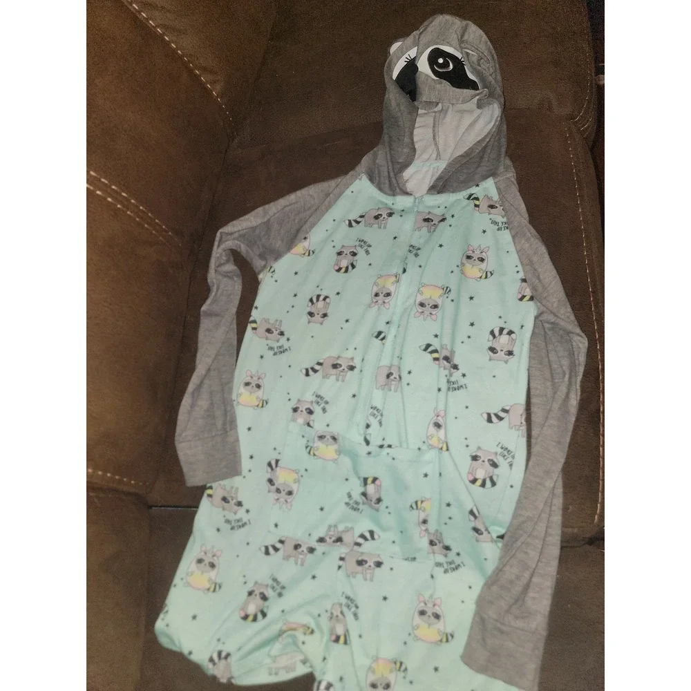 Justice racoon one piece pajamas with hood zip up‎ size 8